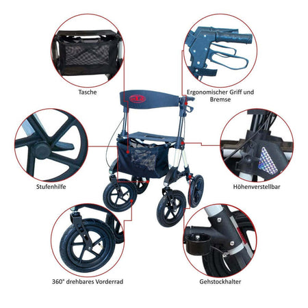 Ersatzteil AT51031 Outdoor Rollator – Übersicht mit Tasche, ergonomischem Griff und Bremse, höhenverstellbar, Gehstockhalter