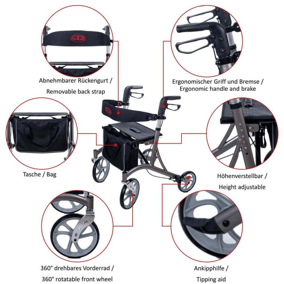 Ersatzteil AT51037 Leichtgewicht Rollator mit Tasche und abnehmbarem Rückengurt, höhenverstellbar, ergonomischer Griff und Bremse