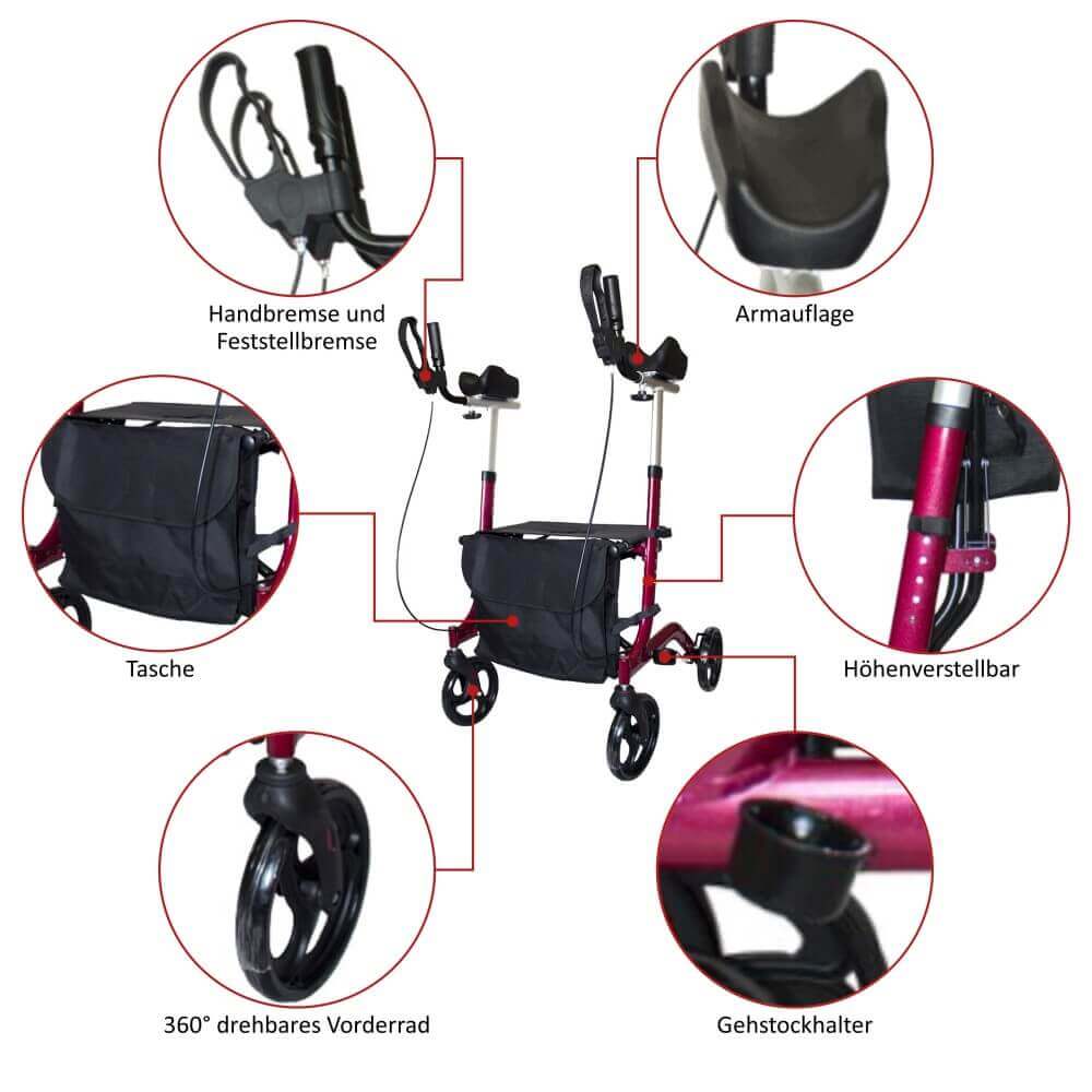 Ersatzteil AT51113 Arthritis Rollator mit Hand- und Feststellbremse, Armauflage, Tasche, höhenverstellbar, 360° Vorderrad