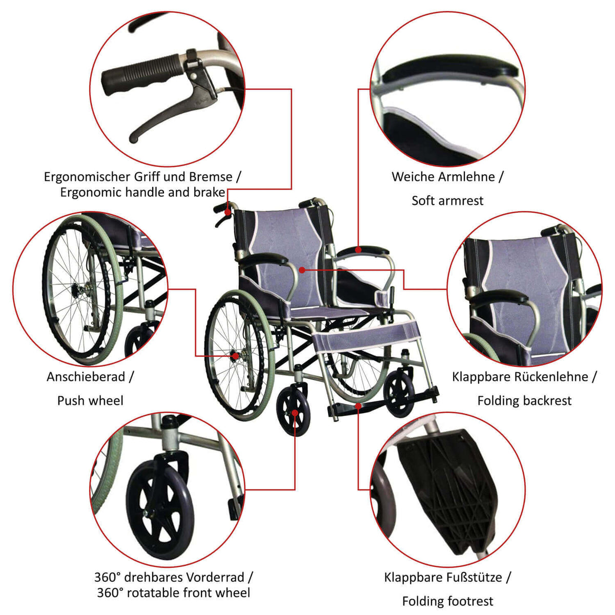 Ersatzteil AT52301 Ultraleicht Rollstuhl – ergonomischer Griff mit Bremse, weiche Armlehnen, klappbare Rückenlehne und Fußstützen