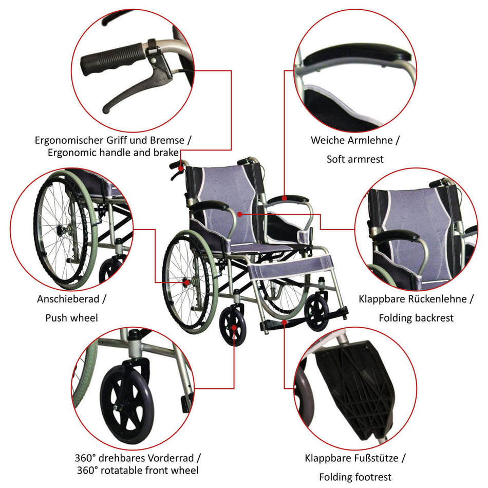 Ersatzteil AT52301 Ultraleicht Rollstuhl – ergonomischer Griff mit Bremse, weiche Armlehnen, klappbare Rückenlehne und Fußstützen