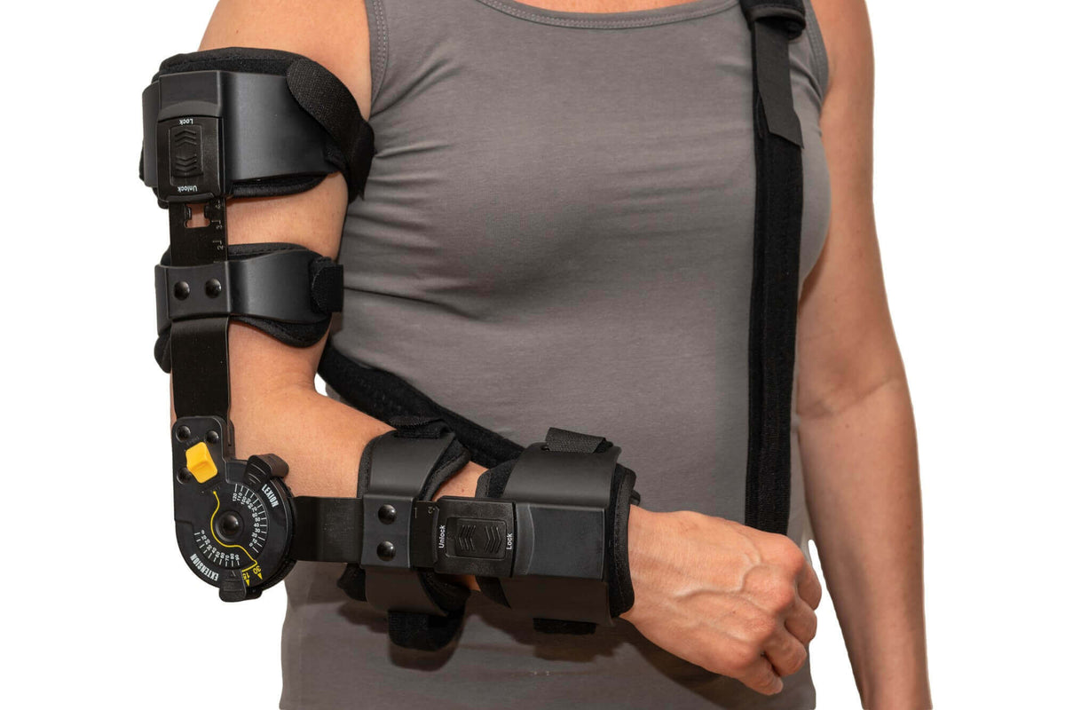 Ellenbogenorthese verstellbar mit Bewegungsbegrenzung 10–120° am Arm getragen, zur Stabilisierung und kontrollierten Mobilisierung