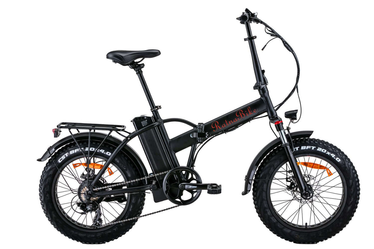 faltbares E-Bike RSIII 20 Zoll Elektro-Faltrad von Ratna Bike, kompakt, schwarz, mit Gepäckträger und Stollenreifen