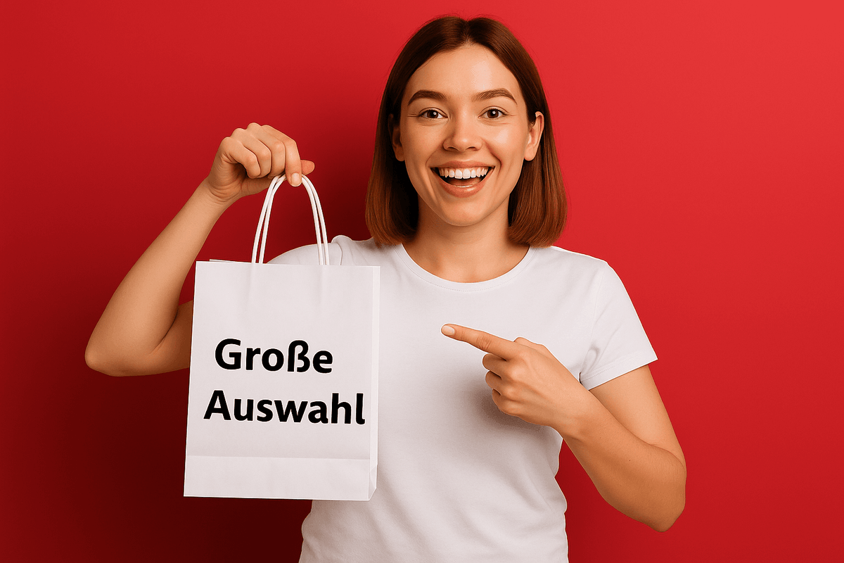 Lächelnde Frau hält Einkaufstüte mit Aufschrift „Große Auswahl“ und zeigt darauf vor rotem Hintergrund