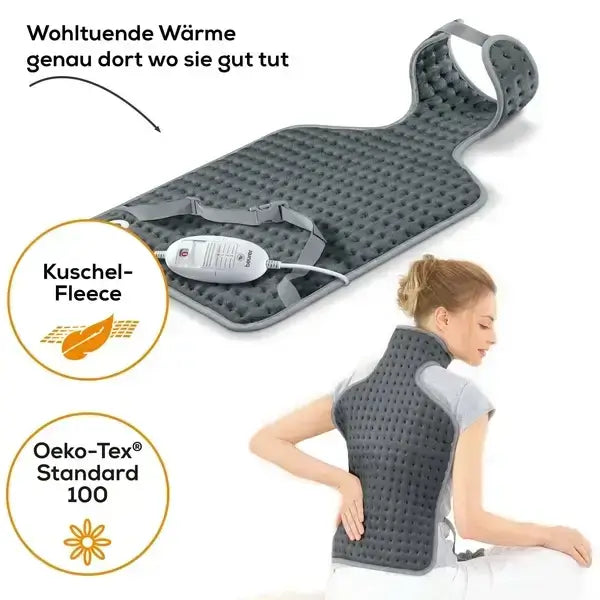 Heizkissen Rücken Nacken ergonomisch mit 3 Wärmestufen, Kuschel-Fleece und Oeko-Tex Standard 100, für Schulter, Nacken und Rücken