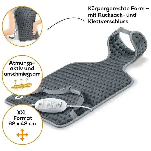 Heizkissen Rücken Nacken ergonomisch mit 3 Wärmestufen, atmungsaktiv, XXL 62x42 cm, mit Klett- und Rucksackverschluss