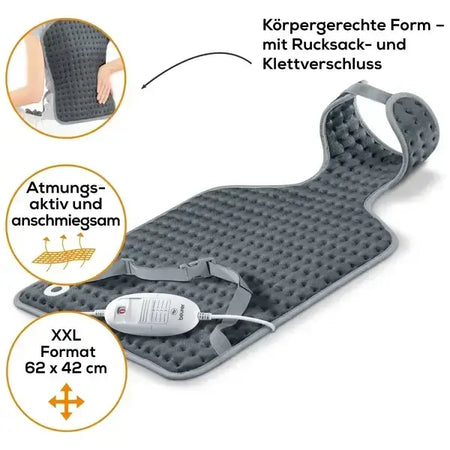 Heizkissen Rücken Nacken ergonomisch mit 3 Wärmestufen, atmungsaktiv, XXL 62x42 cm, mit Klett- und Rucksackverschluss