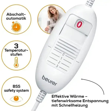Heizkissen Rücken Nacken Bedienregler mit 3 Temperaturstufen, Abschaltautomatik und BSS Sicherheitssystem für effektive Wärme
