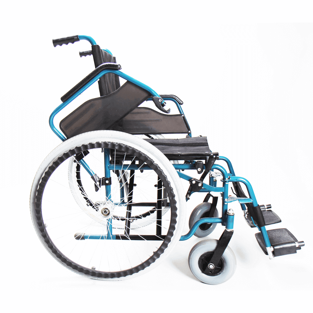 Stahlrollstuhl faltbar ECON 220 aus Stahl, Sitzbreite 41–46 cm, belastbar bis 120 kg, klappbare Fußstützen, blau-schwarz