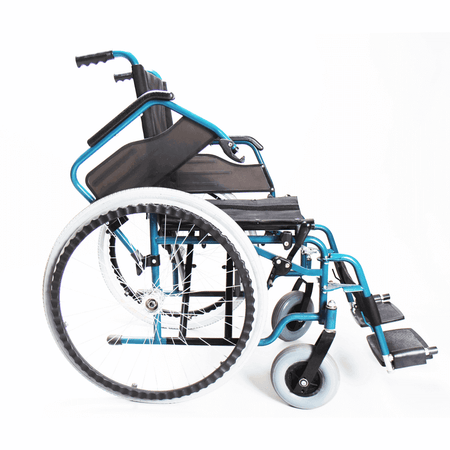 Stahlrollstuhl faltbar ECON 220 aus Stahl, Sitzbreite 41–46 cm, belastbar bis 120 kg, klappbare Fußstützen, blau-schwarz