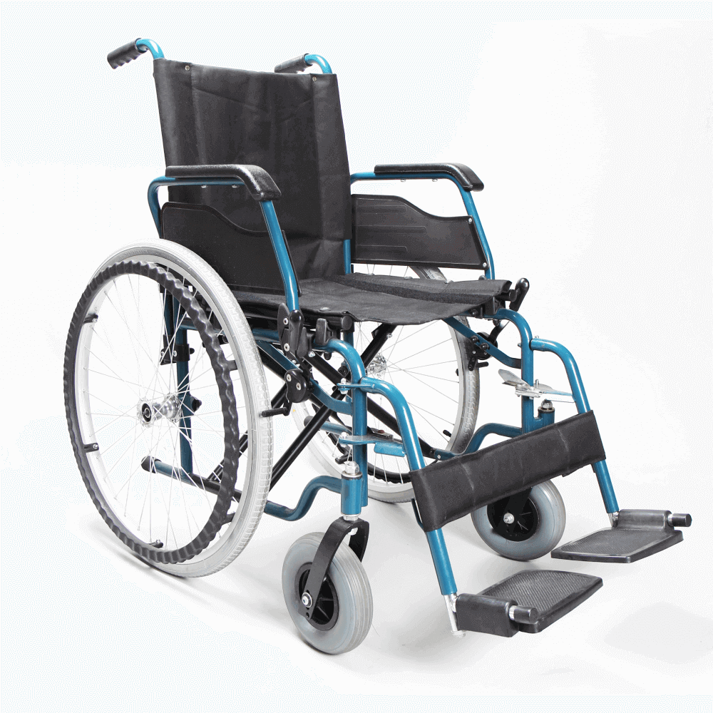 Stahlrollstuhl faltbar ECON 220 aus Stahl, Sitzbreite 41–46 cm, belastbar bis 120 kg, klappbare Fußstützen, blau-schwarz