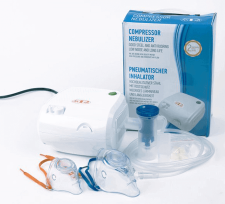 pneumatischer inhalator Modell 9176 mit Kompressor, Vernebler, Schlauch und Masken-Zubehör für Aerosoltherapie bei Kindern & Erwachsenen