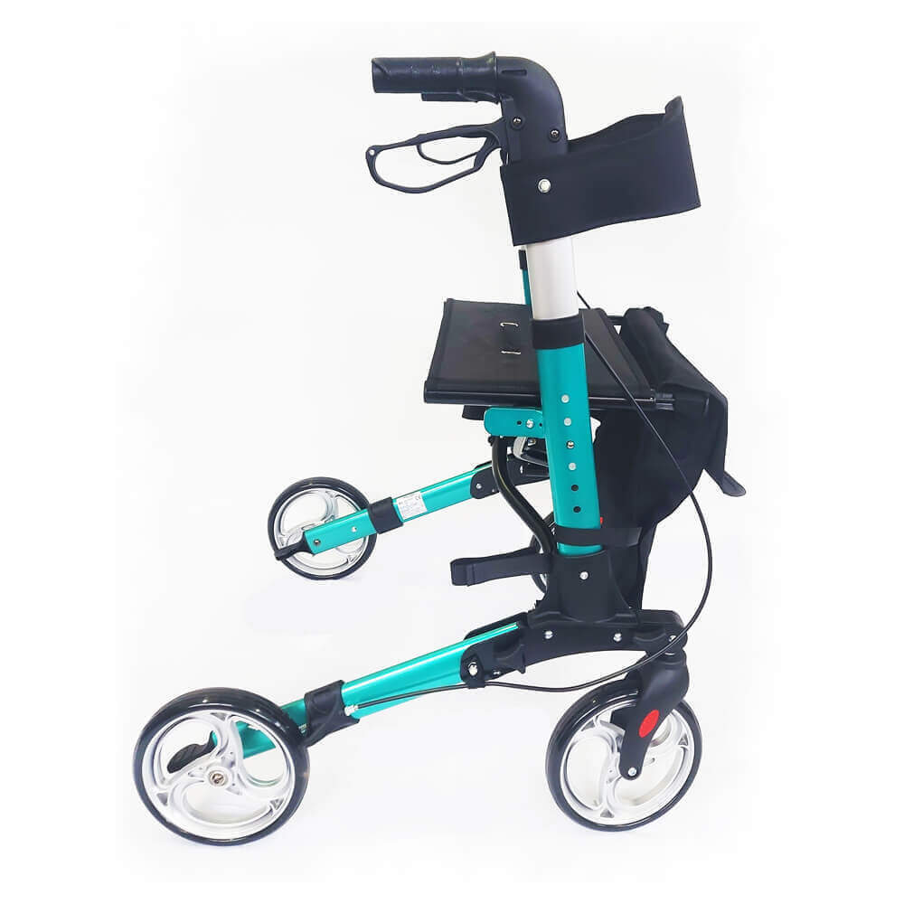 Leichtgewicht Reiserollator grün, faltbarer Reiserollator mit Sitz und Tasche, kompakt und ideal für unterwegs