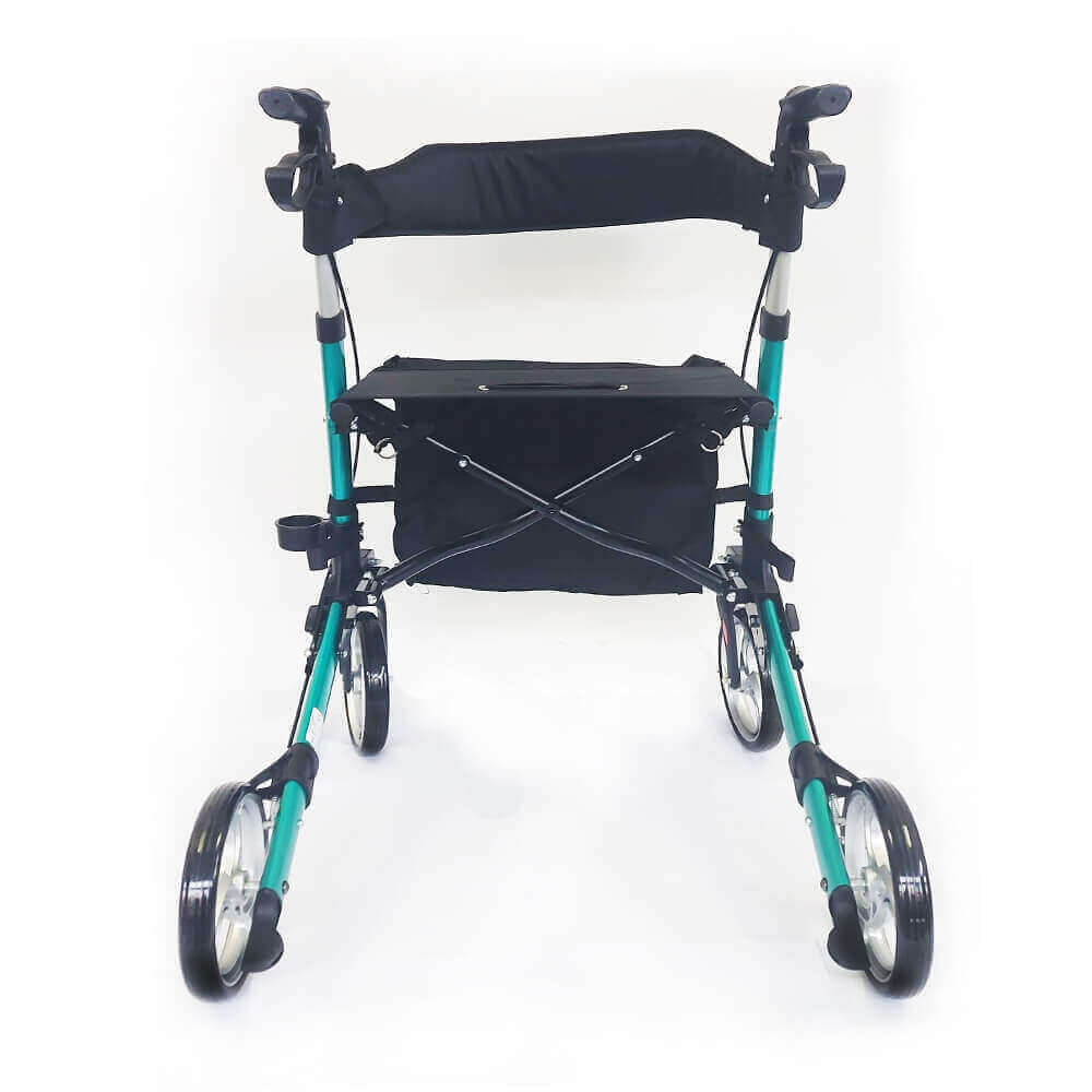 Leichtgewicht Reiserollator grün faltbar, kompakter Reiserollator mit Sitz und Tasche, leicht & stabil für unterwegs