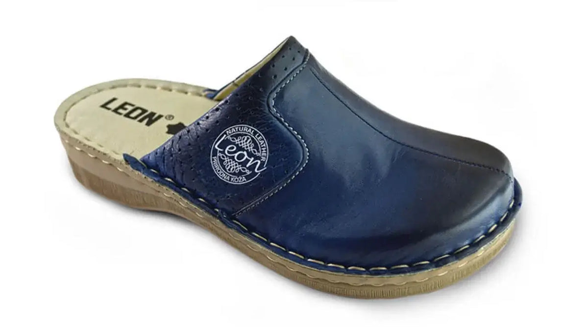 Komfort Clogs Leon 360 aus Leder in Blau mit Memory-Schaum, antistatische Sohle – bequeme Arbeitsschuhe für Alltag & Beruf