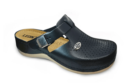 orthopädische Clogs Damen Herren aus Leder, schwarze Komfortschuhe mit Memory-Schaum Fußbett und verstellbarem Riemen