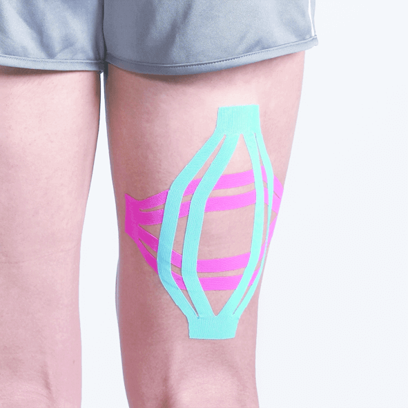 Kinesiologisches Tape Großpackung Maxtaping A+ am Oberschenkel zur Muskel- und Gelenkstütze im Sport und in der Therapie