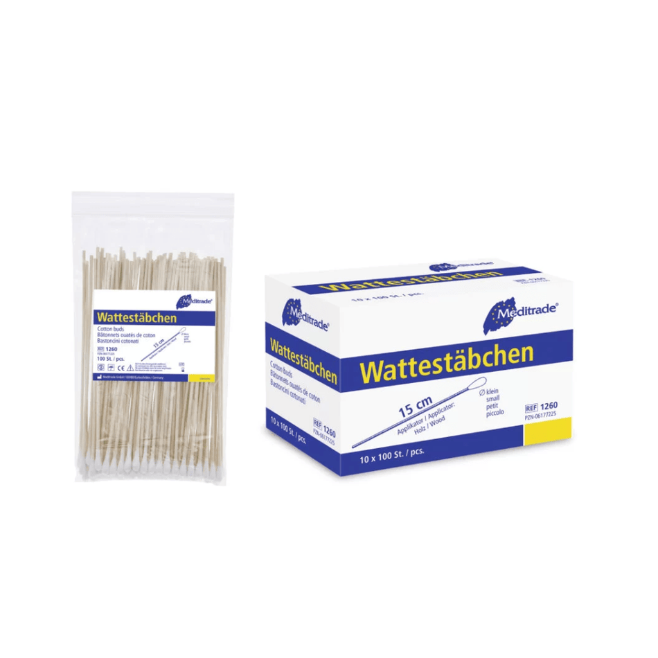 Meditrade Wattestäbchen aus Holz, kleiner Kopf 15 cm, 100 Stück je Beutel  | Packung (10 Beutel)