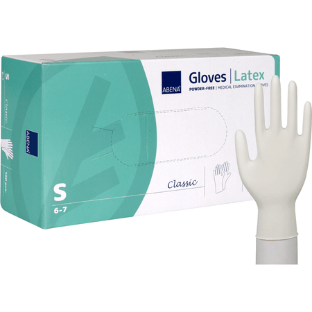 Latex Handschuhe puderfrei – Einweghandschuhe natur, medizinische Untersuchungshandschuhe, Box Größe S 6-7 mit Handschuh