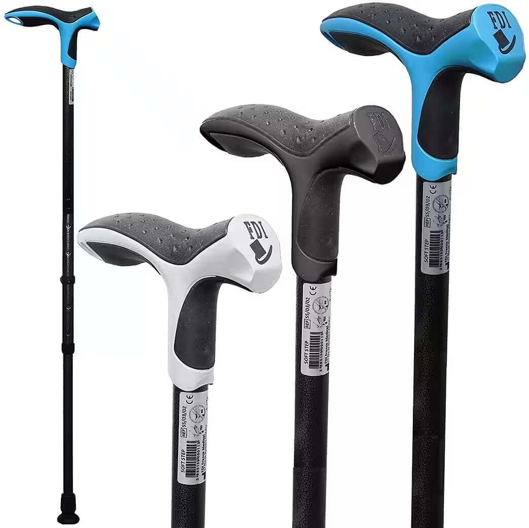 Gehstock Soft Step mit anatomischem Griff, stoßdämpfend, rutschfest, höhenverstellbarer Aluminium-Gehstock in Schwarz/Blau