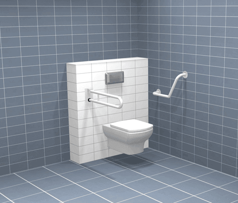 Haltegriff aus Edelstahl im barrierefreien Badezimmer neben WC – ergonomischer Wandgriff für sicheren Halt und einfaches Aufstehen