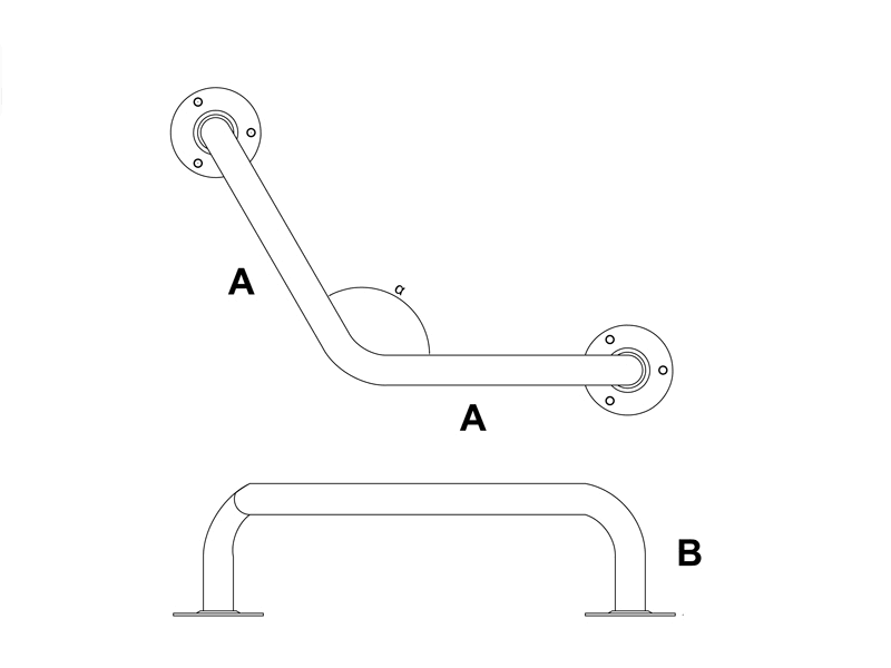 Haltegriff aus Edelstahl – Montagezeichnung Wandgriff A und B mit Befestigungsplatten, ergonomisch für Bad und barrierefreie Nutzung