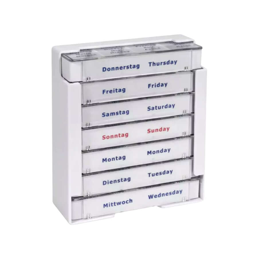 Tablettendispenser Med-Comfort weiß 375 x 225 x 40 mm mit Wochentagsfächern zur hygienischen Tablettenaufbewahrung