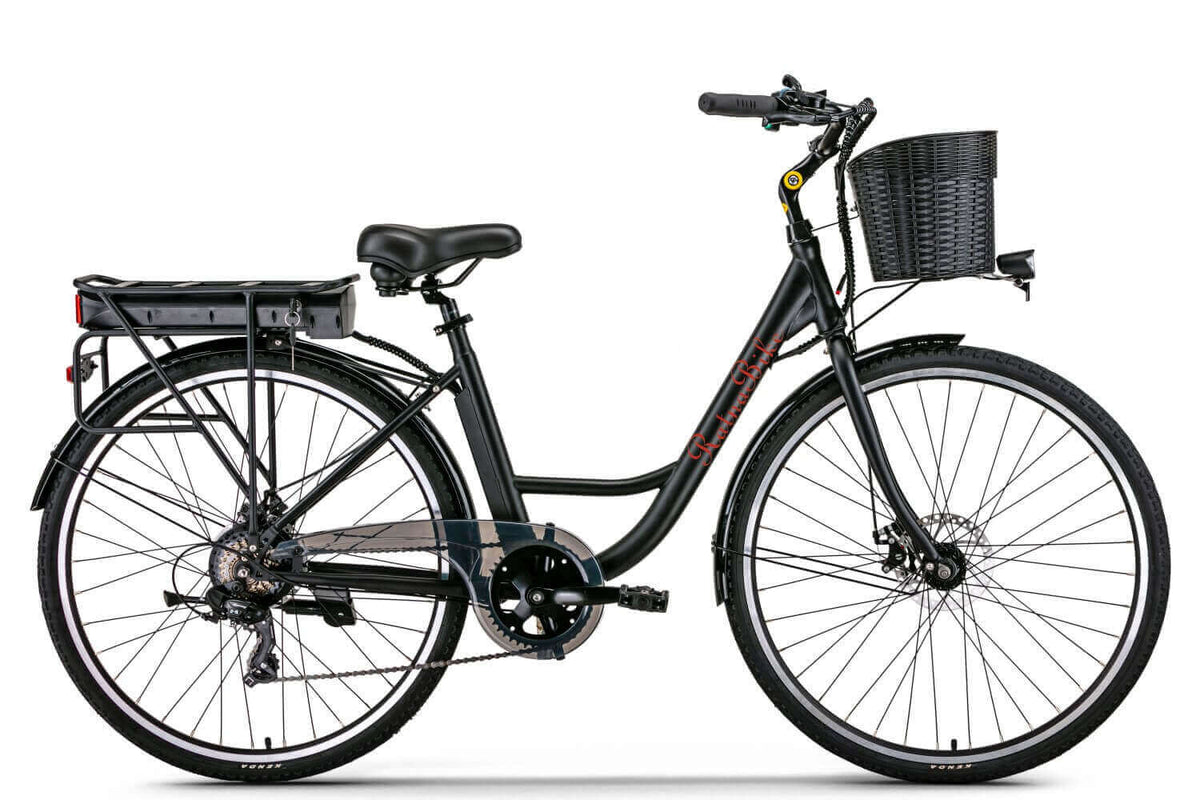 Damen City E-Bike 26 Zoll ZF10 26 Zoll, schwarzes E-Bike mit Tiefeinstieg, Korb vorne und Gepäckträger