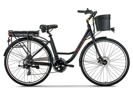 Damen City E-Bike 26 Zoll ZF10 26 Zoll, schwarzes E-Bike mit Tiefeinstieg, Korb vorne und Gepäckträger