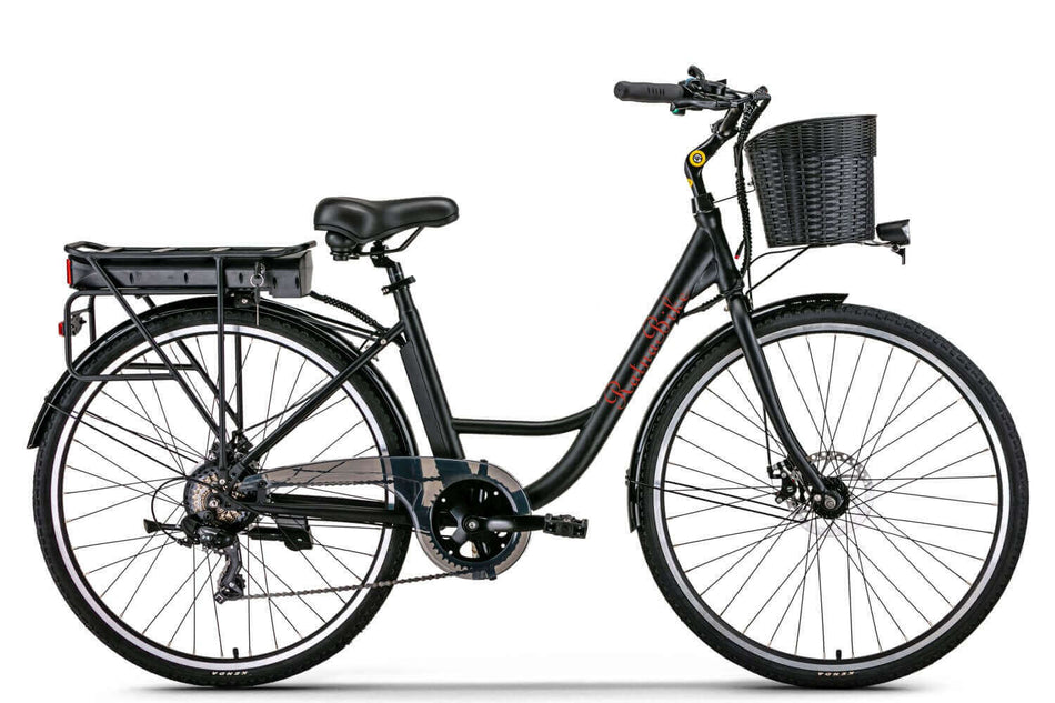 Damen City E-Bike 26 Zoll ZF10 26 Zoll, schwarzes E-Bike mit Tiefeinstieg, Korb vorne und Gepäckträger