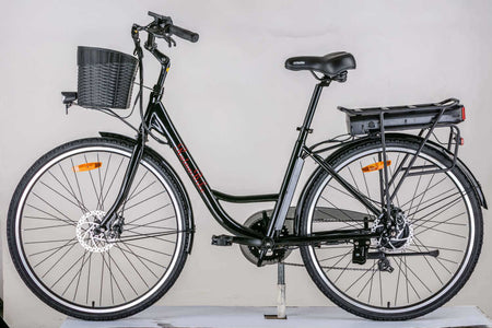 Damen City E-Bike 26 Zoll ZF10 26 Zoll, schwarzes City-Elektrofahrrad mit Korb vorn, Gepäckträger und Akku für Stadtverkehr