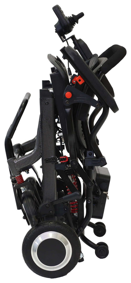 Elektrorollstuhl faltbar leicht aus Carbon 13,8 kg, kompakt zusammengeklappt, 250 W Motor, 6 km/h, ideal für Alltag und Reise