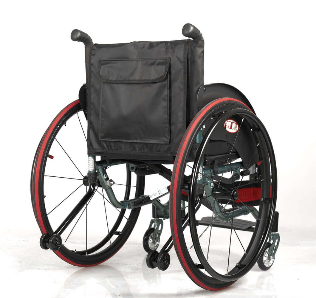 Aktivrollstuhl leicht, faltbar aus Aluminium mit 24 Zoll Sporträdern – sportlicher Rollstuhl für mobile Nutzer, Rückansicht