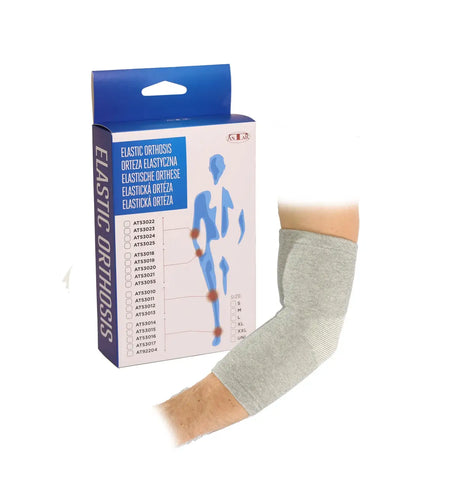 Ellenbogenbandage aus Bambusviskose, atmungsaktiv & stabilisierend – elastische Orthese am Arm mit Produktverpackung