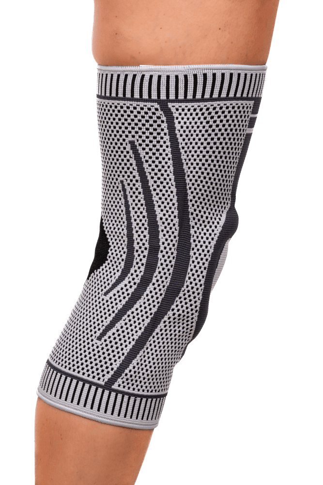 Knieorthese mit Spiralverstärkung am Bein, elastische Kniebandage mit Patella-Silikonring zur Stabilisierung des Kniegelenks
