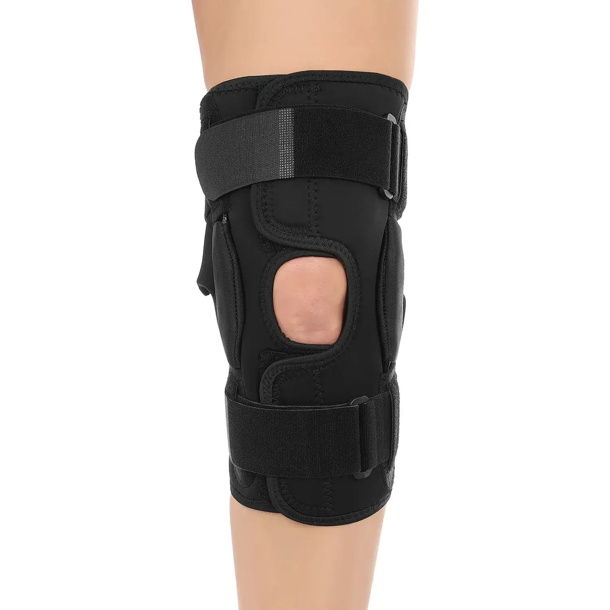 Knieorthese stabilisierend mit seitlichen Verstärkungen, verstellbaren Gurten und offener Patella zur Kniegelenk-Unterstützung