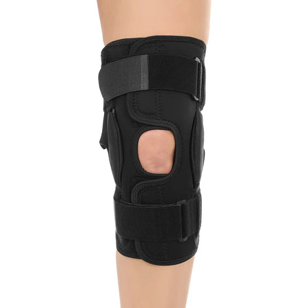 Knieorthese stabilisierend mit seitlichen Verstärkungen, verstellbaren Gurten und offener Patella zur Kniegelenk-Unterstützung