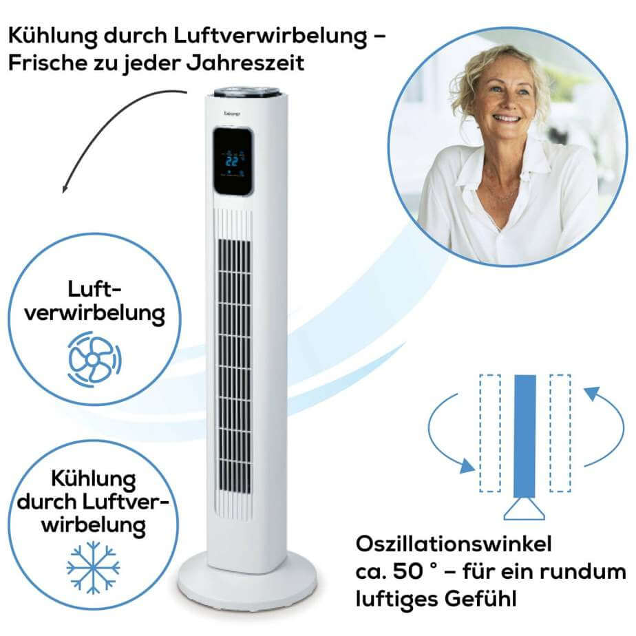 Turmventilator LV 200 mit Oszillation ca. 50°, leise Kühlung durch Luftverwirbelung, mit Fernbedienung und Timer
