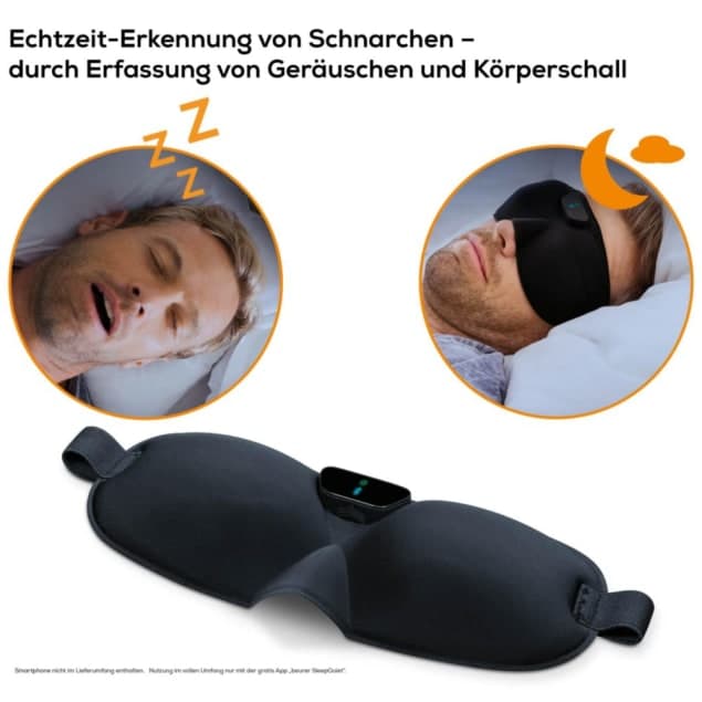 Schnarchmaske mit App-Steuerung: Echtzeit-Erkennung von Schnarchen, sanfte Vibrationsimpulse, Schlafmaske am Kopf und Produktansicht