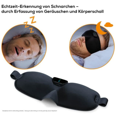 Schnarchmaske mit App-Steuerung: Echtzeit-Erkennung von Schnarchen, sanfte Vibrationsimpulse, Schlafmaske am Kopf und Produktansicht