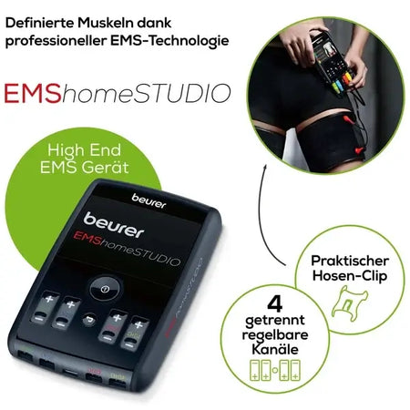 EMS Muskelstimulationsgerät mit App-Steuerung Beurer EMShomeSTUDIO High-End EMS Gerät mit Hosen-Clip, 4 getrennt regelbare Kanäle