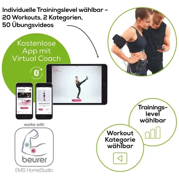 EMS Muskelstimulationsgerät mit App-Steuerung mit kostenloser App, Virtual Coach, Bluetooth®-Steuerung und wählbaren Trainingsleveln