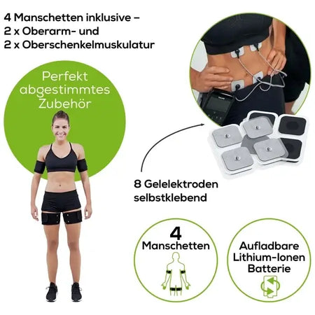 EMS Muskelstimulationsgerät mit App-Steuerung mit Manschetten und selbstklebenden Gelelektroden, Zubehör-Set für Oberarm und Oberschenkel