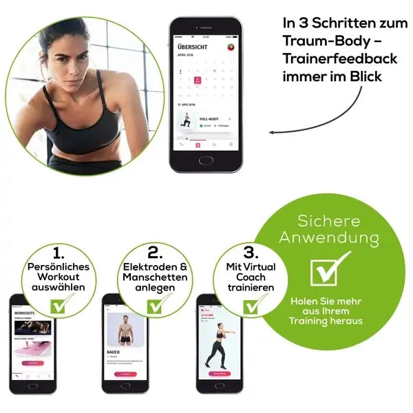 EMS Muskelstimulationsgerät mit App-Steuerung – Trainerfeedback, Workout-Auswahl und sichere Anwendung per Smartphone-App
