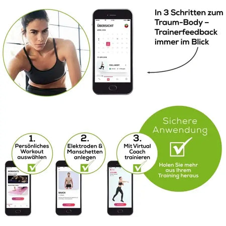 EMS Muskelstimulationsgerät mit App-Steuerung – Trainerfeedback, Workout-Auswahl und sichere Anwendung per Smartphone-App