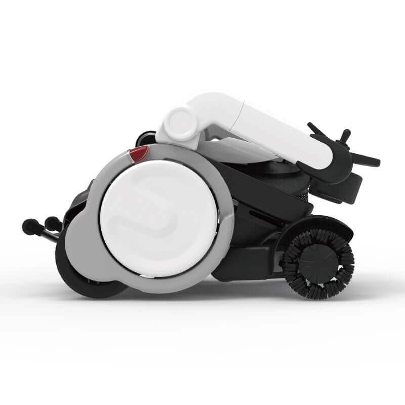 Elektrorollstuhl faltbar, zusammengeklapptes Modell in Schwarz-Weiß, kompakt für Transport, 25 km Reichweite, 6 km/h, App Steuerung