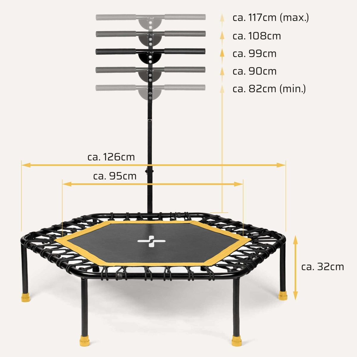 Höhenverstellbares Fitness Trampolin mit Haltestange mit Maßen: Griffhöhe 82–117 cm, Durchmesser 126 cm, Sprungfläche 95 cm, Höhe 32 cm