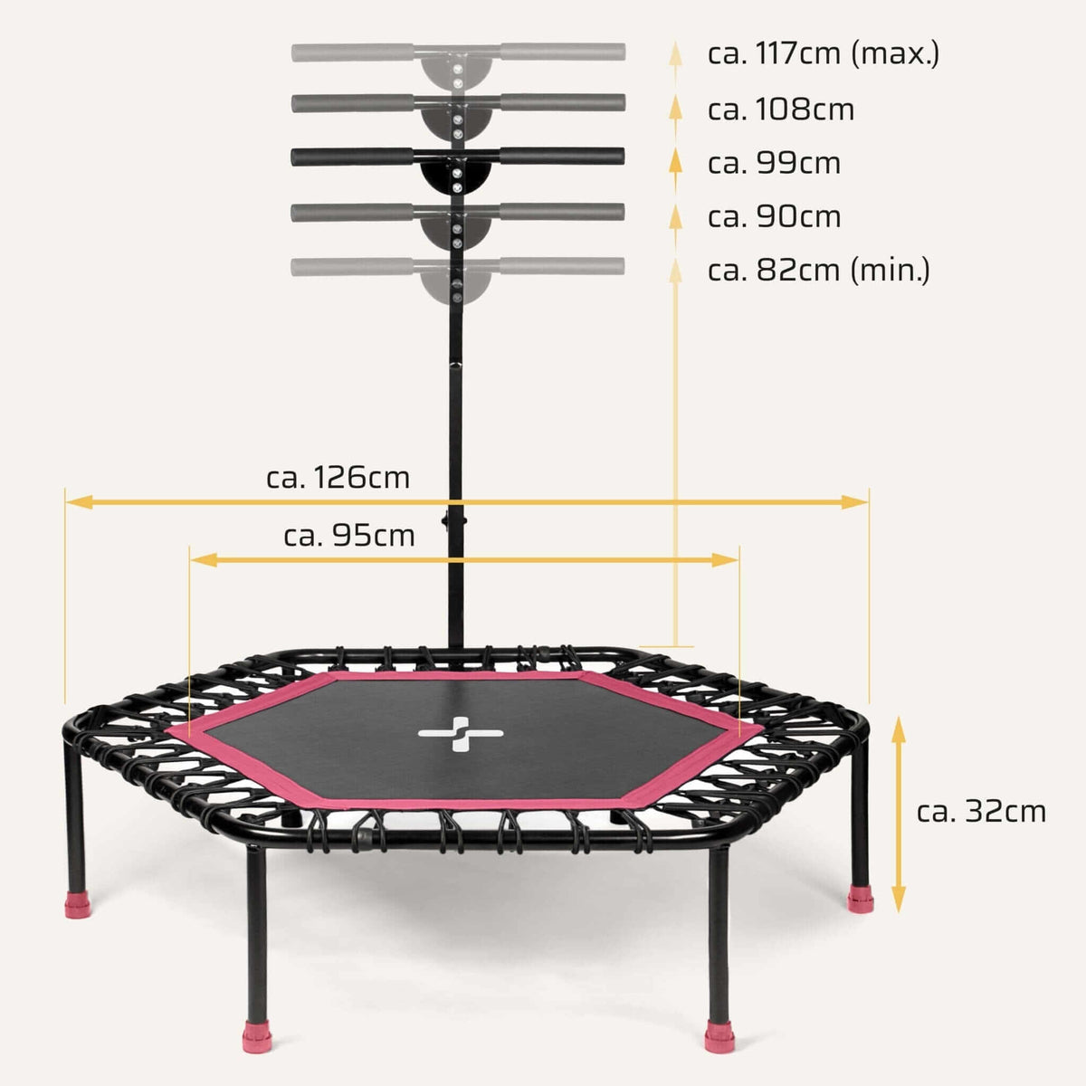 Höhenverstellbares Fitness Trampolin mit Haltestange – Maße & 5-fach verstellbarer Haltegriff, leises Gummiseilsystem