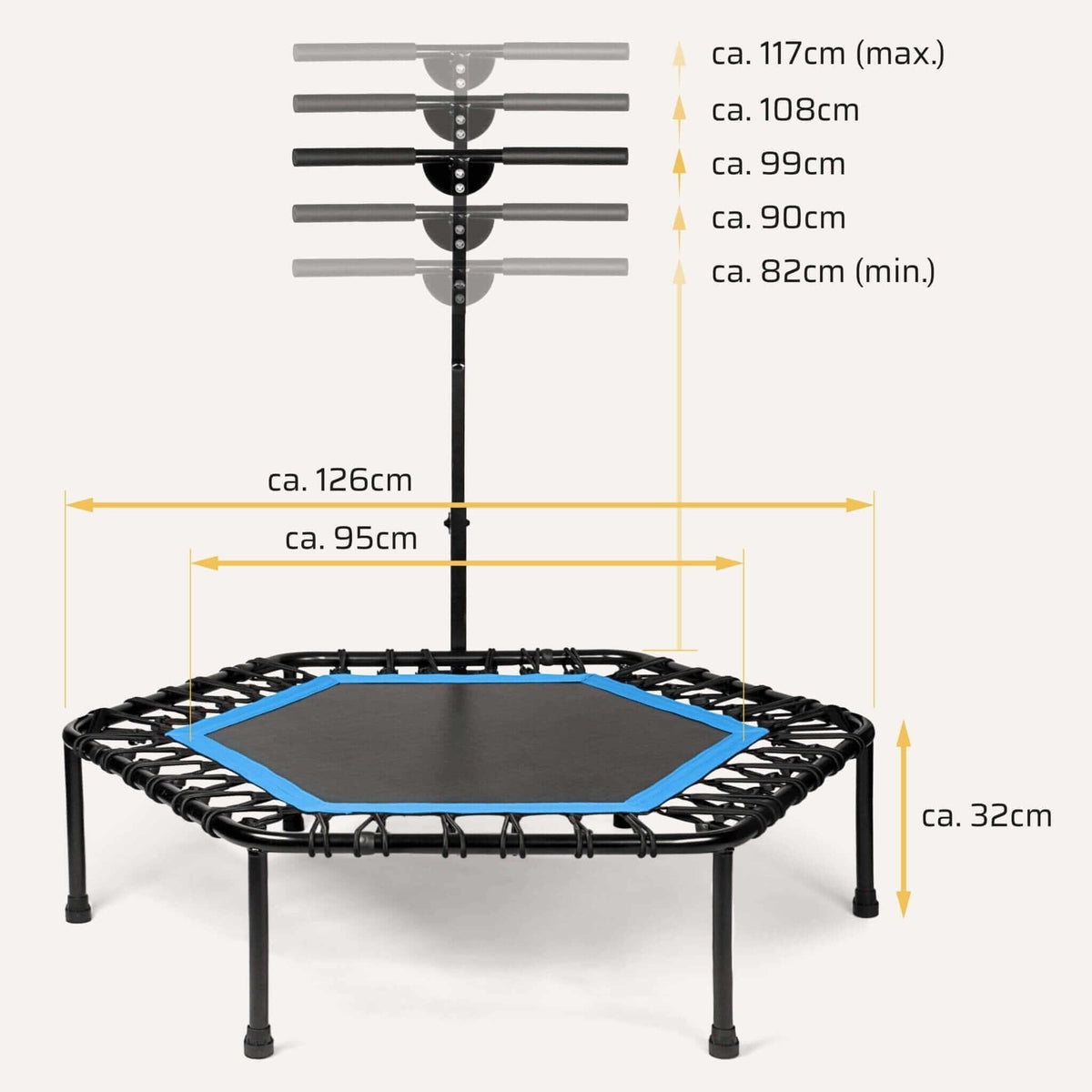 Höhenverstellbares Fitness Trampolin mit Haltestange mit Maßangaben: Ø ca. 126 cm, Sprungfläche ca. 95 cm, Griffhöhe 82–117 cm