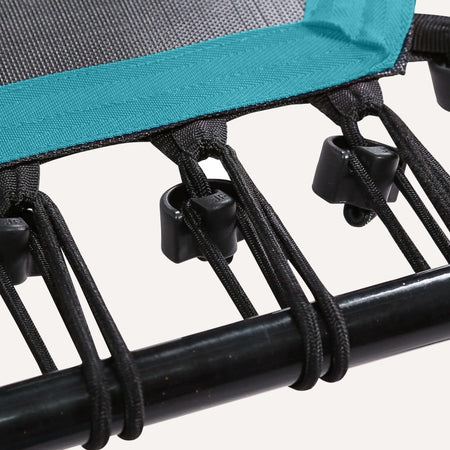 Höhenverstellbares Fitness Trampolin mit Haltestange – Detailansicht des gelenkschonenden Gummiseilsystems und stabilen Rahmens
